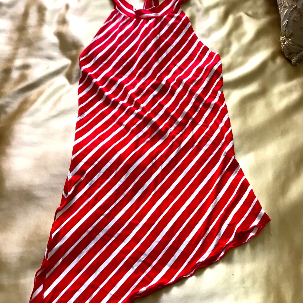 Jamison Red & White Diagonal Stripped Halter Top Asymmetrical Hem Line